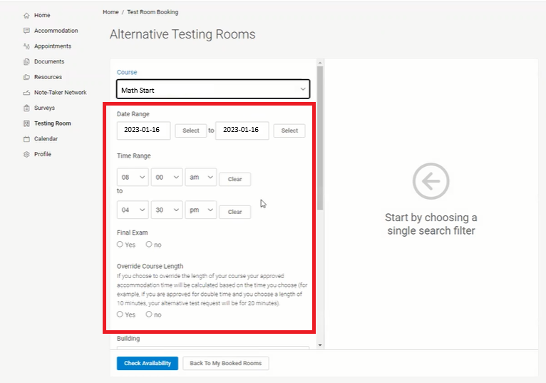 Alternative Testing Rooms Date Range