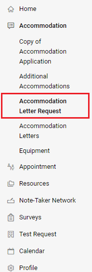 Accommodation Letter Request menu item