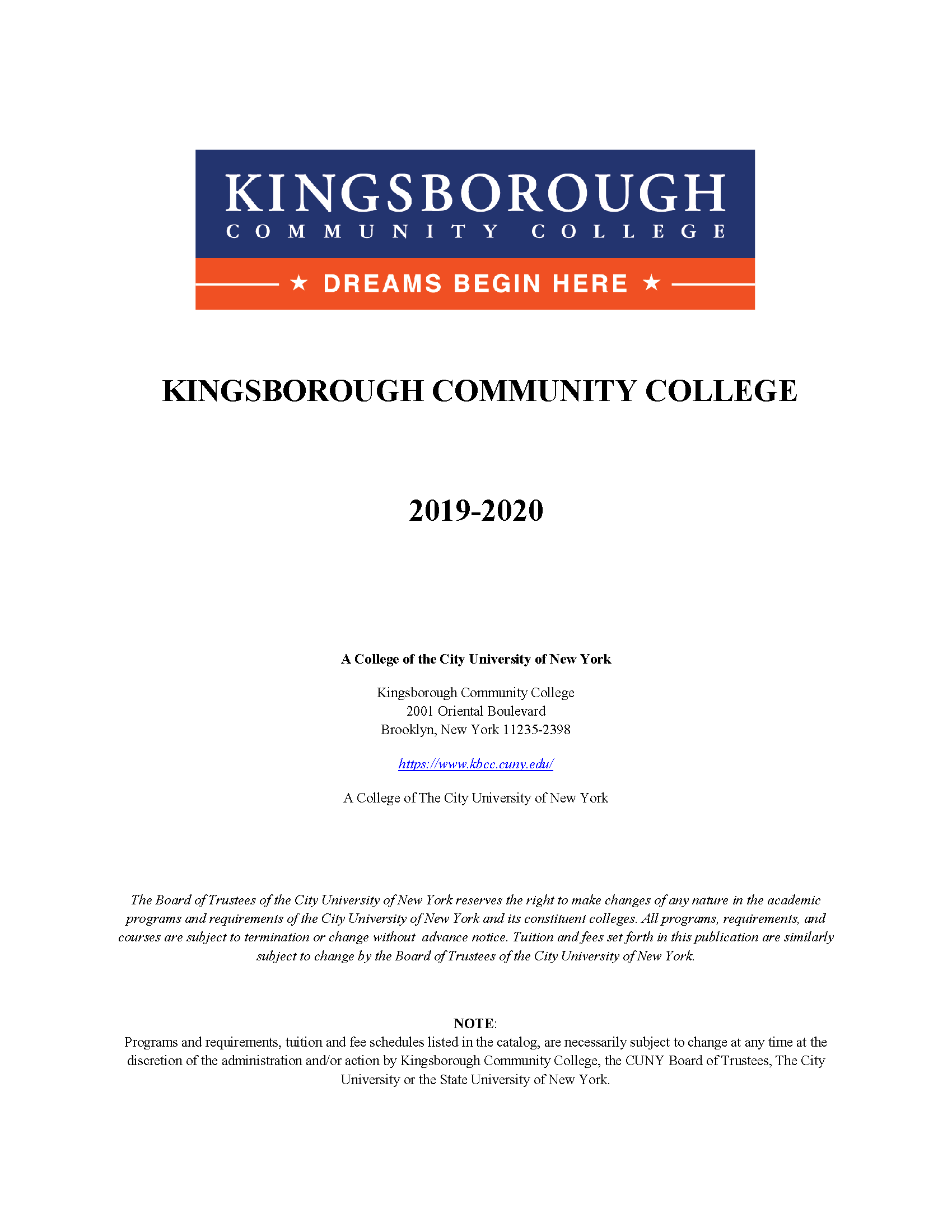KCC Catalog 2019-2020 Cover