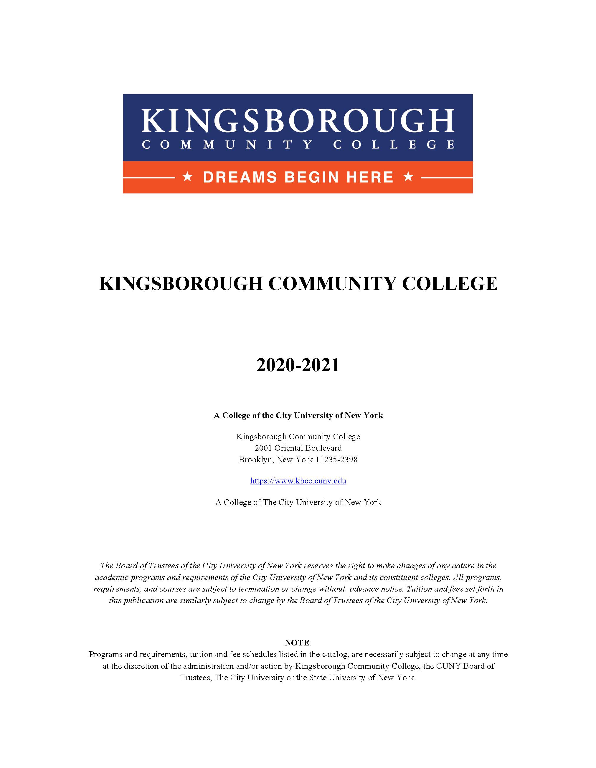KCC Catalog 2020-2021 Cover