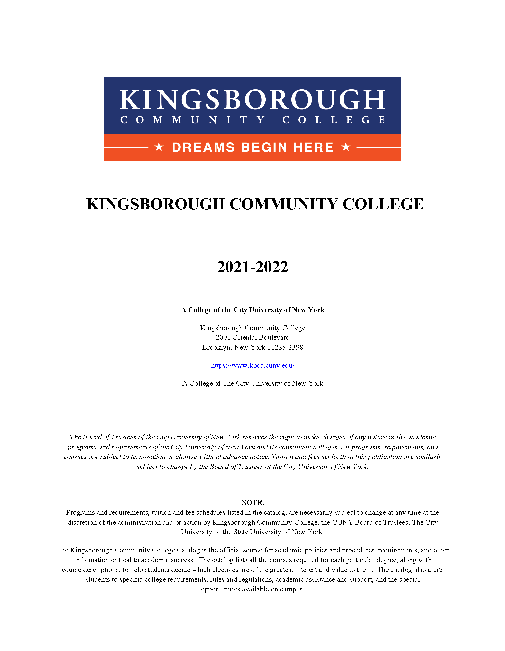 KCC Catalog 2021-2022 Cover