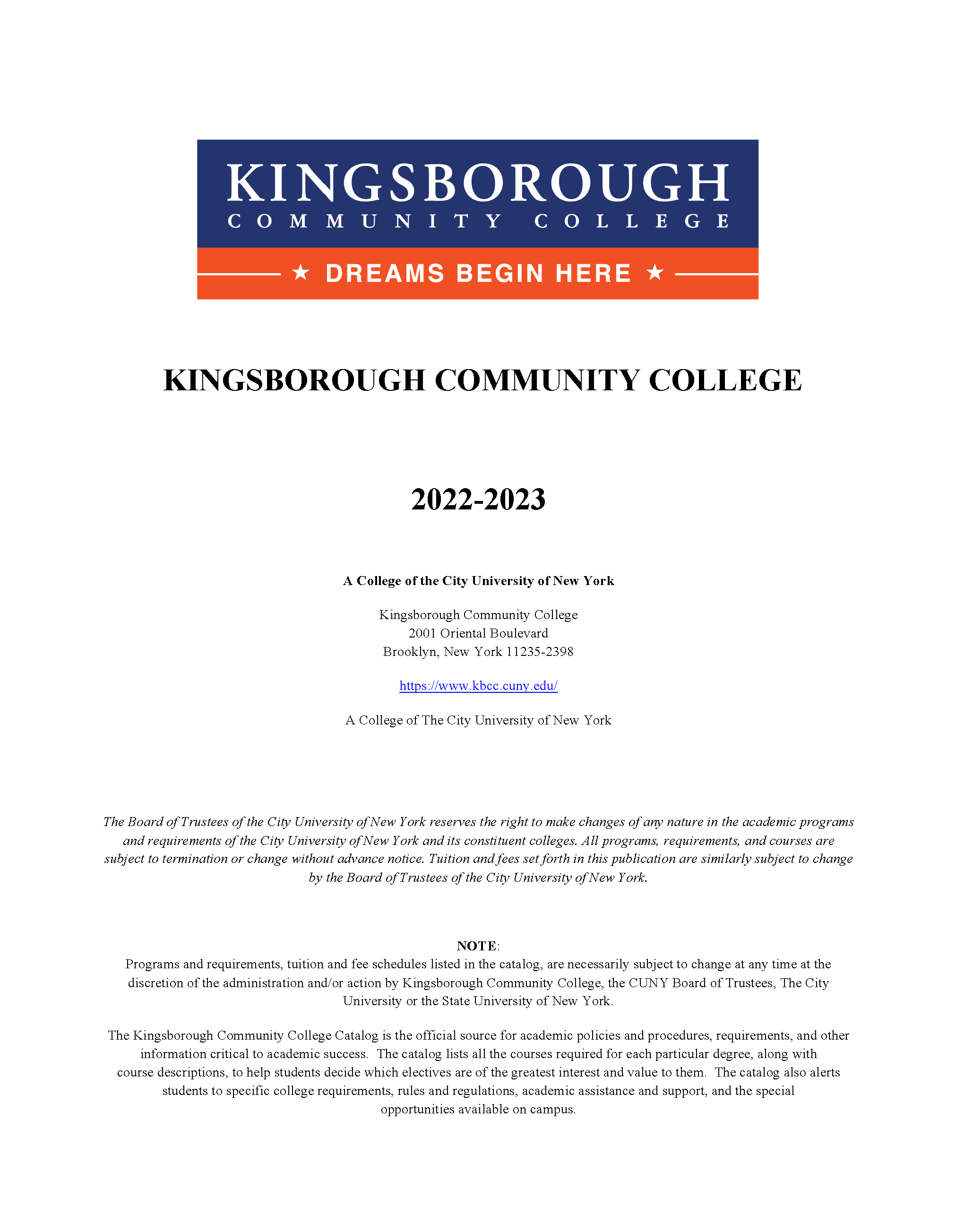 KCC Catalog 2022-2023 Cover