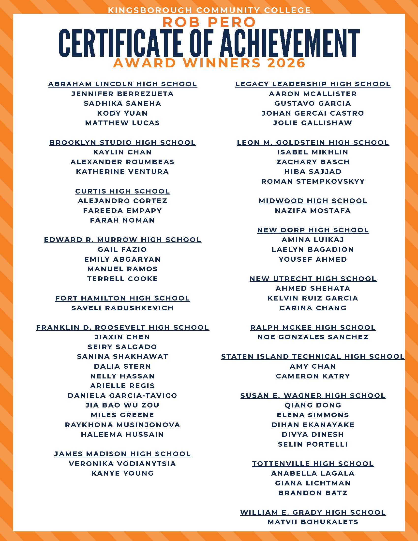 ROB PERO CERTIFICATE OF ACHIEVEMENT AWARD WINNERS 2026 - List of high schools and student names