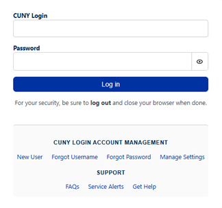 CUNY Sign In dialog Screenshot of CUNY Login page; CUNY Login input field, Password input field; blue Log in button; CUNY account management and support links underneath
