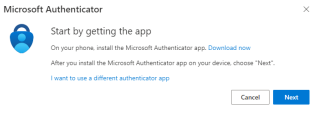 MS Authenticator Start Setup Screenshot of Microsoft Authenticator Instructions: Start by getting the app. On your phone, install the Microsoft Authenticator app. Download now link. After you knstall the Microsoft Authenticator app on your device, choose "Next". Link text: I want to use a different authenticator app. Buttons "Cancel and "Next"