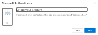MS Authenticator Set Up Account Instructions Screenshot of MS Authenticator Instructions: Set up your account. If prompted, allow notifications. Then add an account and select "Work or school".