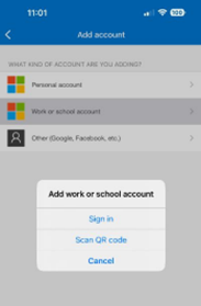Add Account Dialog Screenshot of Add Account dialog box titled "Add work or school account" with selections: Sign In, Scan QR Code, Cancel