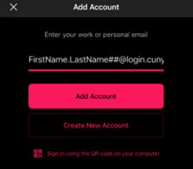 Add Account Outlook Dialog Screenshot of Add Account dialog box, instructional text: Enter your work or personal email; input field containing sample credentials "FirstName.LastName##@login.cuny; red button "Add Account"; link underneath: Create New Account.