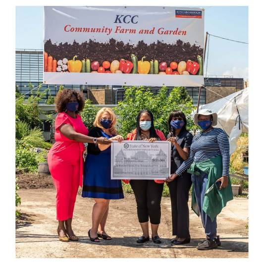 NYS Assemblywoman Mathylde Frontus presented KCC with a $125,000 check to assist in the development and expansion of the KCC Community Farm and Garden program