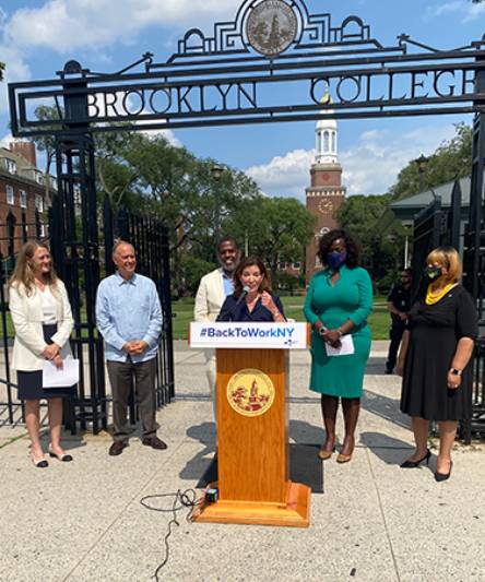 Photo, from left: Brooklyn College President Dr. Michelle J. Anderson, CUNY Chancellor Felix V. Matos Rodríguez, Sen. Kevin Parker, Lt. Gov. Kathy Hochul, Kingsborough Community College President Claudia Schrader and Medgar Evers College President Dr. Patricia Ramsey at a press conference announcing the three colleges collaboration on a healthcare career hub.