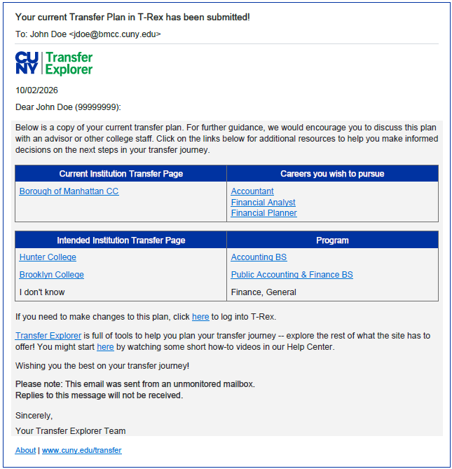 Screenshot of a confirmation email sample containing all of the John Doe information from above and the following text: Email subject: Your current Transfer Plan in T-Rex has been submitted! Body text: 10/02/2026 Dear John Doe (99999999): Below is a copy of your current transfer plan. For further guidance, we would encourage you to discuss this plan with an advisor or other college staff. Click on the links below for additional resources to help you make informed decisions on the next steps in your transfer journey. Current Institution Transfer Page Careers you wish to pursue Borough of Manhattan CC Accountant Financial Analyst Financial Planner Intended Institution Transfer Page Program Hunter College Accounting BS Brooklyn College Public Accounting & Finance BS I don't know Finance, General If you need to make changes to this plan, click here to log into T-Rex. Transfer Explorer is full of tools to help you plan your transfer journey -- explore the rest of what the site has to offer! You might start here by watching some short how-to videos in our Help Center. Wishing you the best on your transfer journey! Please note: This email was sent from an unmonitored mailbox. Replies to this message will not be received. Sincerely, Your Transfer Explorer Team About | www.cuny.edu/transfer.