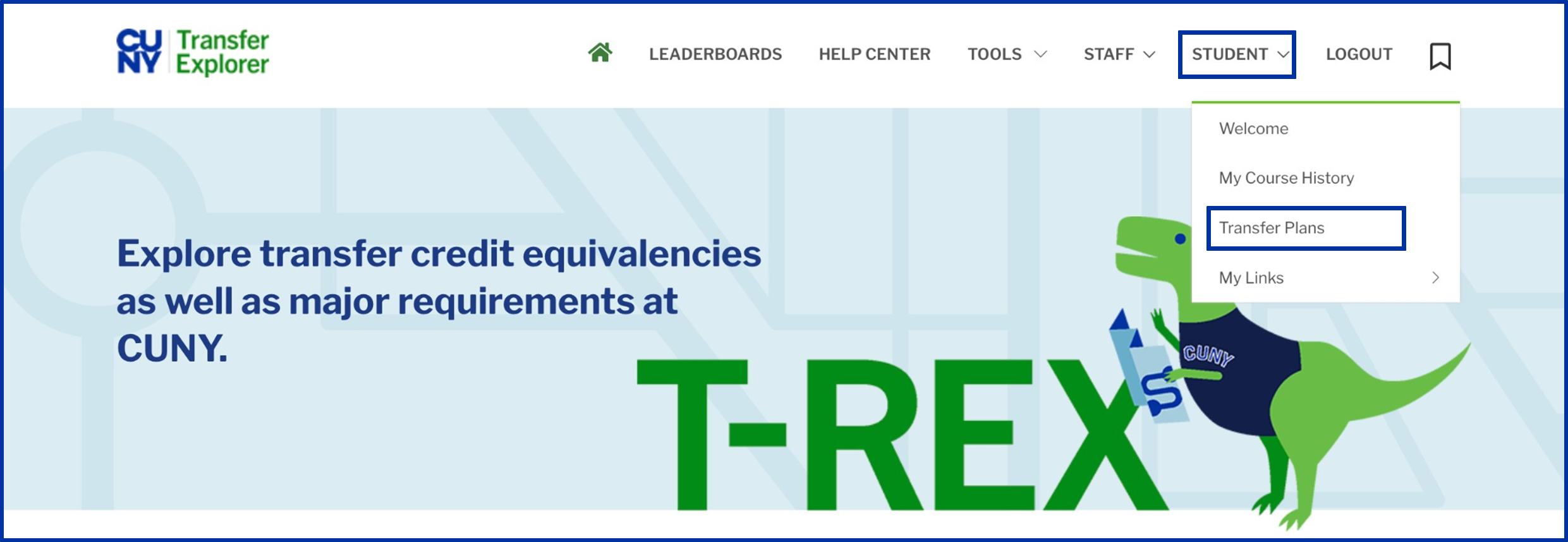 Screenshot of a the top of the Transfer Explorer homepage with the Student menu item circled on the main navigation and the Transfer Plans menu item circled on the dropdown menu.